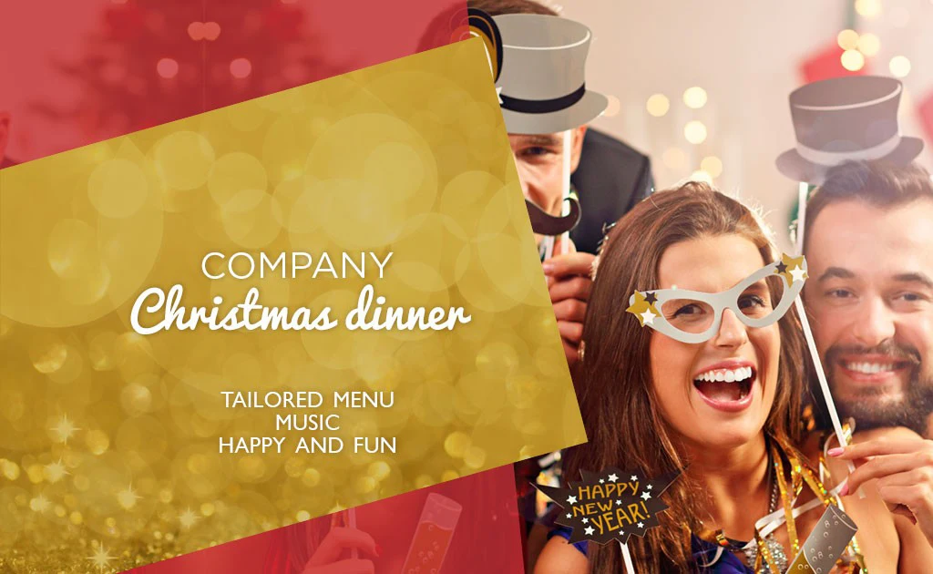 Promotional graphic for a company Christmas dinner with a red and gold background. In the center, white text reads "Company Christmas Dinner" followed by "Customized menu, music, lots of fun" with star-shaped icons. In the background, people celebrating with hats and decorations, confetti, and the words "Happy New Year" written on an accessory.